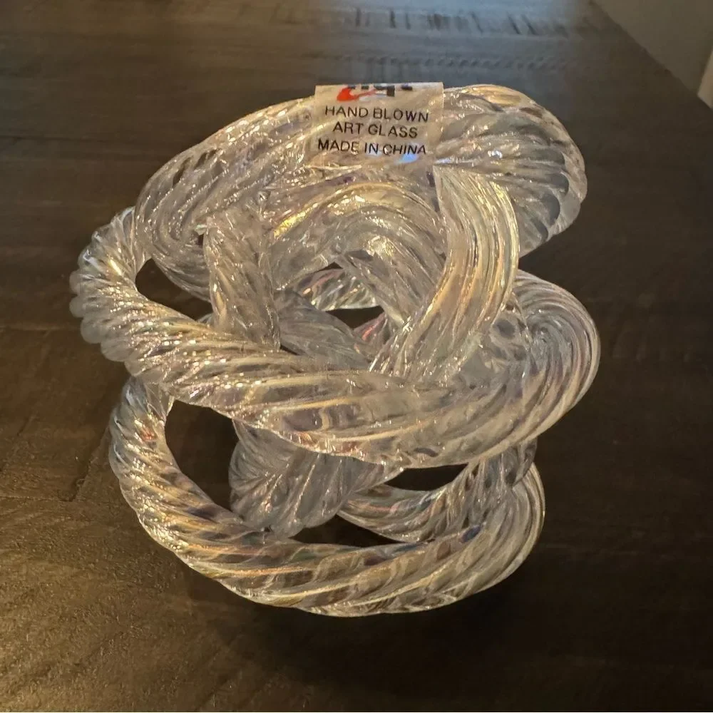 Hand Blown Art Glass Clear Twisted Orb Infinity Knot Decor by hqt